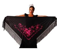 AMINA JAADE Mantón flamenco grande. Medida 195X95cm sin contar los flecos (30cm), bordado a una cara. (Negro bordado Fucsia)