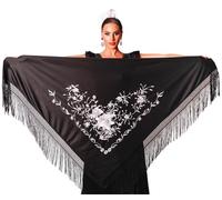 AMINA JAADE Mantón flamenco grande. Medida 195X95cm sin contar los flecos (30cm), bordado a una cara. (Negro bordado blanco)