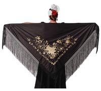 AMINA JAADE Mantón flamenco grande. Medida 195X95cm sin contar los flecos (30cm), bordado a una cara. (Negro bordado dorado)