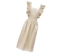 AMISENK Delantal de lino y algodón ajustable con volantes, vestido de encaje estético con bolsillos para cocinar en casa, hornear, delantal, Color avena, Talla única