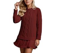 AMISENK Elegante vestido corto de punto trenzado para mujer, para invierno, otoño, manga larga, cuello redondo, plisado, con volantes, suéter de cuello redondo con volantes, D, L