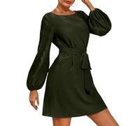 AMISENK Elegante vestido corto para mujer, con cuello y manga de obispo, con cinturón, elegante vestido corto para mujer, Ejercito Verde, M
