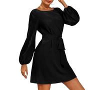 AMISENK Elegante vestido corto para mujer, con cuello y manga de obispo, con cinturón, elegante vestido corto para mujer, Negro, M