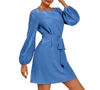 AMISENK Elegante vestido corto para mujer, con cuello y manga de obispo, con cinturón, elegante vestido corto para mujer, azul, XS