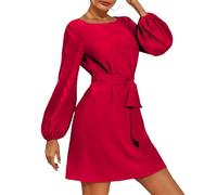 AMISENK Elegante vestido corto para mujer, con cuello y manga de obispo, con cinturón, elegante vestido corto para mujer, rosso, M
