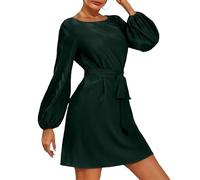AMISENK Elegante vestido corto para mujer, con cuello y manga de obispo, con cinturón, elegante vestido corto para mujer, verde, S