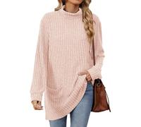 AMISENK Suéter de manga larga con cuello alto para mujer, con cinturón, camiseta casual suelta, camisa con bolsillos, suéter de manga larga para mujer, B, S