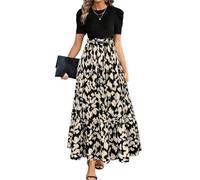 AMISENK Vestido largo casual con estampado floral para playa, elegante, con cintura fluida, para mujer, casual, floral, cintura elegante, caqui, L