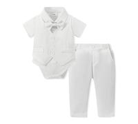 Amissz Bebé Niño Bautizo Conjunto, Recién Nacido Bautizo Vestido 3 Piezas Boda Mono Body + Pajarita + Chaleco + Pantalón Blanco 0-18 Meses