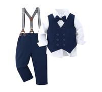 Amissz Traje de Caballero para Niño 6-7 Años Niños Conjunto de Ropa Formal para Ceremonia Camisa de Manga Larga + Chaleco + Tirantes Pantalones + Pajarita Traje de Boda Bautizo, Azul