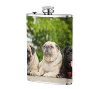 Amistad Pug Bokeh Perros Mascotas Amigos Pug,Frasco de acero inoxidable 304 de 8 oz con funda de cuero sintético, frasco de bolsillo para licor plano para exteriores