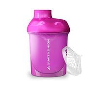 AMITYUNION Coctelera de proteínas para mujeres 400 ml Pink Deluxe ORIGINAL - Coctelera de proteínas a prueba de fugas - Sin BPA con colador, báscula para batidos cremosos de suero de leche