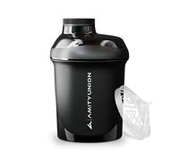 AMITYUNION Protein Shaker 400 ml con tamiz - ORIGINAL Fitness Mixer - Sin BPA, Con escala para batidos cremosos de proteína de suero de leche en polvo, Concentrados de proteína BCAA en negro deluxe