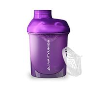 AMITYUNION Protein Shaker Purple White Deluxe 400 ml - Batidor de proteínas a prueba de fugas - Sin BPA con tamiz y escala para batidos cremosos de proteína de suero de leche en polvo
