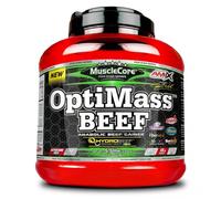 AMIX - Complemento Alimenticio en Polvo - Optimass Beef Gainer en 2500 gr - Doble Chocolate Blanco - Carbohidratos de Rápida Absorción - Proteínas de Carne de Vacuno - Proporciona Energía de Ternera