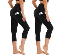 AMIYOYO Leggings Capri para mujer con bolsillos, 3/4, pantalones deportivos de cintura alta, opacos, elásticos, 7/8, pantalones de yoga, fitness, correr, para exteriores, 2 unidades, 2 negros., 36-42