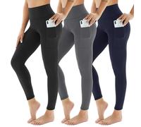 AMIYOYO Leggings deportivos de cintura alta para mujer con bolsillos, opacos, para deporte y yoga, efecto moldeador, pantalones largos elásticos para gimnasio y fitness, pack de 3, 50-54