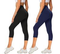 AMIYOYO Pack de 2 leggings para mujer de cintura alta 3/4, opacos, cortos, pantalones deportivos elásticos, para yoga, fitness, actividades al aire libre y tiempo libre, Capri Leggings-negro+azul