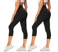 AMIYOYO Pack de 2 leggings para mujer de cintura alta 3/4, opacos, cortos, pantalones deportivos elásticos, para yoga, fitness, actividades al aire libre, tiempo libre (negro, 2, S-M=DE34-40)