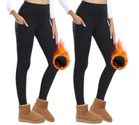 AMIYOYO Pack de 2 leggings térmicos para mujer con bolsillos, leggings forrados de invierno, cintura alta, térmicos, opacos, cálidos, medias térmicas, 2 negros., S-M