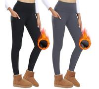AMIYOYO Pack de 2 leggings térmicos para mujer con bolsillos, leggings forrados de invierno, cintura alta, térmicos, opacos, cálidos, medias térmicas, Negro+gris oscuro, S-M