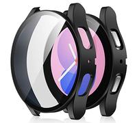 Amizee 2 Pack Funda Compatible con Samsung Galaxy Watch 5/Watch 4 44mm con Protector de Pantalla Cristal Templado, Carcasa Duro Ultra Delgada Anti-Rasguños para Galaxy Watch4/5 (Negro/Transparente)