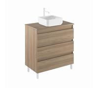 AMIZUVA - Conjunto de Mueble de Baño y Lavabo, de Cerámica, con 3 Cajones y Encimera, Modelo Kena Top, Medidas, 80 cm de Ancho, 74 cm de Alto, y una Profundidad de 45 cm, en Acabado Nogal