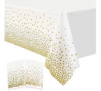 AMJKEJI 4 Piezas Mantel Antimanchas 137 x 274 cm Rectangular Manteles Plástico Mantel para Fiestas de cumpleaños, Bodas, Baby Shower, Navidad, Blanco Oro