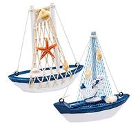 AMJKEJI Barco Marinero Decorativo, 2 Piezas Barco Pesquero con Red de Pesca y Conchas, Velero de Madera para Náutico Cumpleaños Tartas Decorativo, Adornos Salon, Baño, Navidad, Mesas