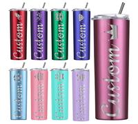 Amlion Vaso personalizado - Grabado con láser con nombre, vasos de acero inoxidable de 20 oz, vasos delgados con tapas y pajitas para regalos para mujeres y hombres - 13 colores y 42 iconos