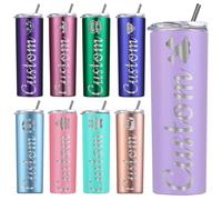 Amlion Vaso personalizado - Grabado con láser con nombre, vasos de acero inoxidable de 20 oz, vasos delgados con tapas y pajitas para regalos para mujeres y hombres - 13 colores y 42 iconos