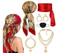 Amlisia Accesorios Piratas Mujer, Accesorios Disfraces Piratas Traje Pirata Adulto con Pañuelo Pañuelo Parche Ojos Fajín Joyas para Cosplay Fiesta Halloween (Rojo)