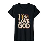 Amo a Dios, Paz, Dove Cross, Halo Sunburst Camiseta gráfica económica, Mujer, Negro, XS