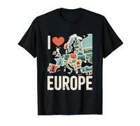 Amo Europa Mapa Iconos Aventura Camiseta gráfica económica, Hombre, Negro, L
