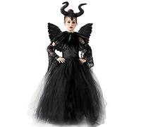 AMOBON Disfraz de Maléfica para Niños, Vestido de Reina Malvada con Tocado de Cuernos y Charreteras de Capa de Alas Negras para Carnaval Halloween Cosplay Fiesta (XL)
