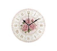 AMOKFWJC Reloj de Pared, Reloj de Pared Redondo con Estampado Flores Rosas Vintage, Funciona Pilas, no Hace tictac, silencioso(Pink)