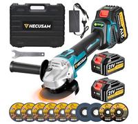 Amoladora Angular 125mm Inalámbrica Flex, Set Con 2x 4.0Ah Batería, Motor Sin Escobillas 1200W 4 Velocidades 10500RPM, 10 Discos de Corte Para Corte, Pulido Y Cepillado (Negra)