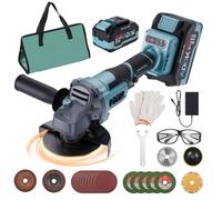 Amoladora angular inalámbrica de 125 mm, 6 velocidades ajustables con 2 baterías, Motor sin escobillas de 9000 rpm con bolsos, guantes, gafas para cumplir con lijado, pulido, corte (2)