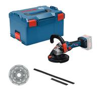 Amoladora de hormigón a batería GBR 18V-15 S con Bosch Professional 18V System (incl. L-BOXX 238, disco de copa de diamante, llave de boca de espiga, collar de cepillo de dos piezas de repuesto)