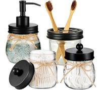 Amolliar Mason Jar - Juego de accesorios de baño de 4 piezas, dispensador de jabón de loción y 2 soportes Qtip y soporte para cepillo de dientes, decoración rústica de granja, decoración del hogar de