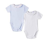 AMOMÍ Body para Bebé Cuello Batista Cuello Volante 1 Mes Pack de 2 Pcs Manga Corta 100% Algodón, (1 Mes, Blanco-celeste)