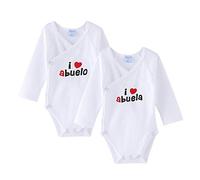 AMOMÍ Body para Bebé, Pack de 2 unidades, Manga Larga, 100% algodón, Suave Bodies con Botones de Presión, Color Blanco y Crudo (3 Meses, 71004,I Love Abuelos)