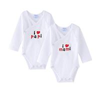 AMOMÍ Body para Bebé, Pack de 2 unidades, Manga Larga, 100% algodón, Suave Bodies con Botones de Presión, Color Blanco y Crudo (3 Meses, I Love Papa, Mama A21043)