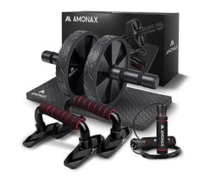 Amonax - Rodillo de rueda para abdominales con alfombrilla grande para ejercitar abdominales, doble rueda con modos de entrenamiento de fuerza dual en el gimnasio en casa (Negro Set Combinado 3 En 1)