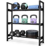 AMONAX - Soporte de mancuernas de acero resistente para gimnasio en casa, rieles de estante ajustables para mancuernas, pesas rusas, discos de peso y accesorios de gimnasio, color negro