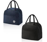 AMONENZ 2 Piezas Bolsa Termica, Negro y Azul Tibetano Bolsa Nevera Pequeña, con Bolsillos Laterales, para Oficina, Escuela, Hogar