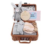 AMONIDA Cesta de Regalo para Recién Nacidos 9 en 1 para Futuros Baby Showers Alivia El Dolor de Encías con Sonajero Madera Abedul Juguete Peluche Suave Sueño Reparador Cesta