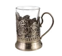 AMONIDA Vaso de té Ruso con Soporte de Metal, Taza de té de Cristal Decorativa Transparente para Bebidas Frías y Calientes, con Patrón Europeo Vintage y Soporte Extraíble (Q0083)