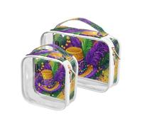 Amooorous 2 Pack Carnaval Mardi Gras Amarillo Púrpura Máscara transparente neceser decorativo viaje TSA aprobado bolsas de cosméticos resistentes al agua para mujeres hombres kit de afeitar para