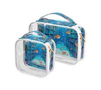 Amooorous 2 paquete divertido océano biblioteca libro pescado azul claro decorativo neceser grande aprobado TSA bolsa portátil viaje cosmético aeropuerto aeropuerto compatible con la bolsa de
